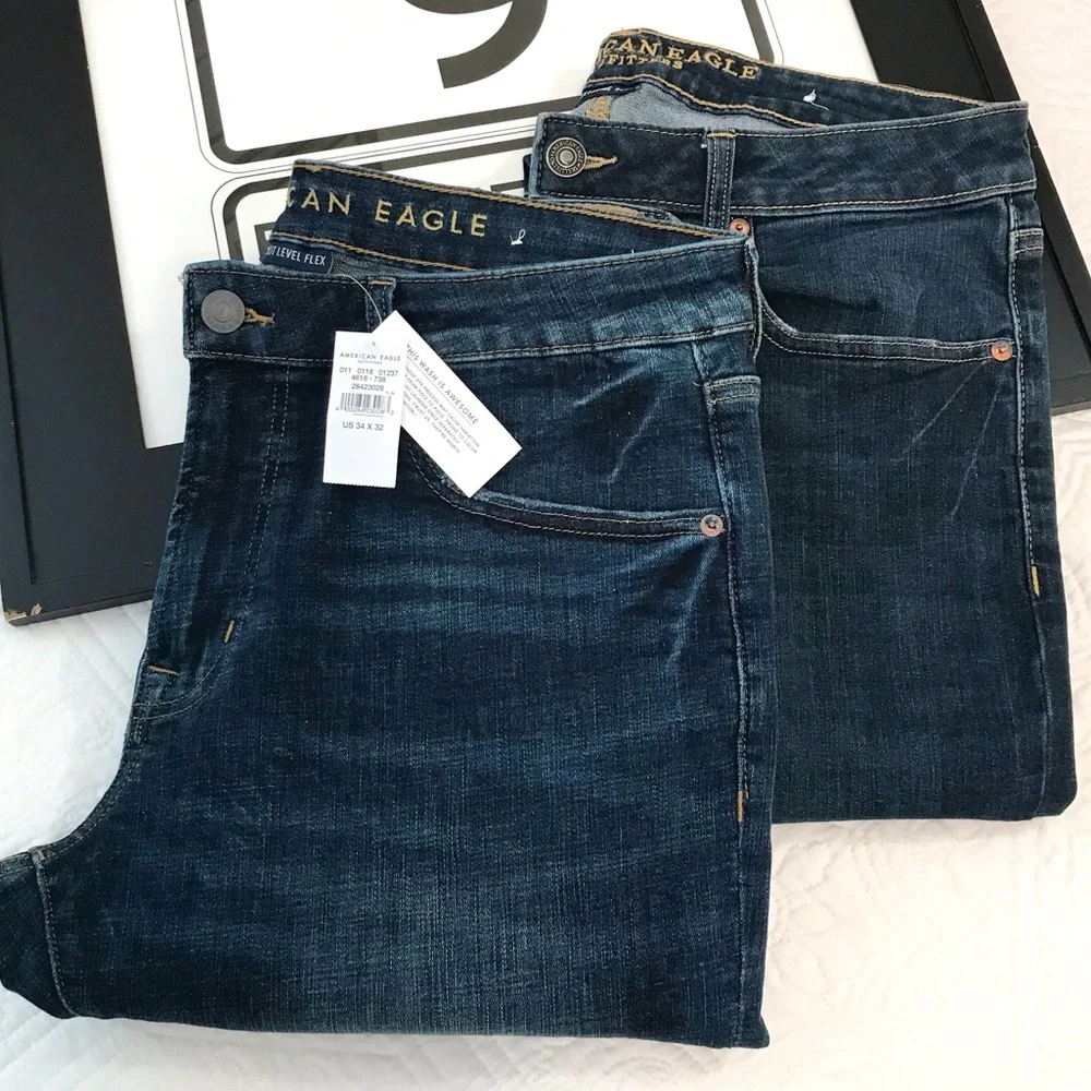NWT Two Pair American Eagle Slim Straight Jeans 34x32